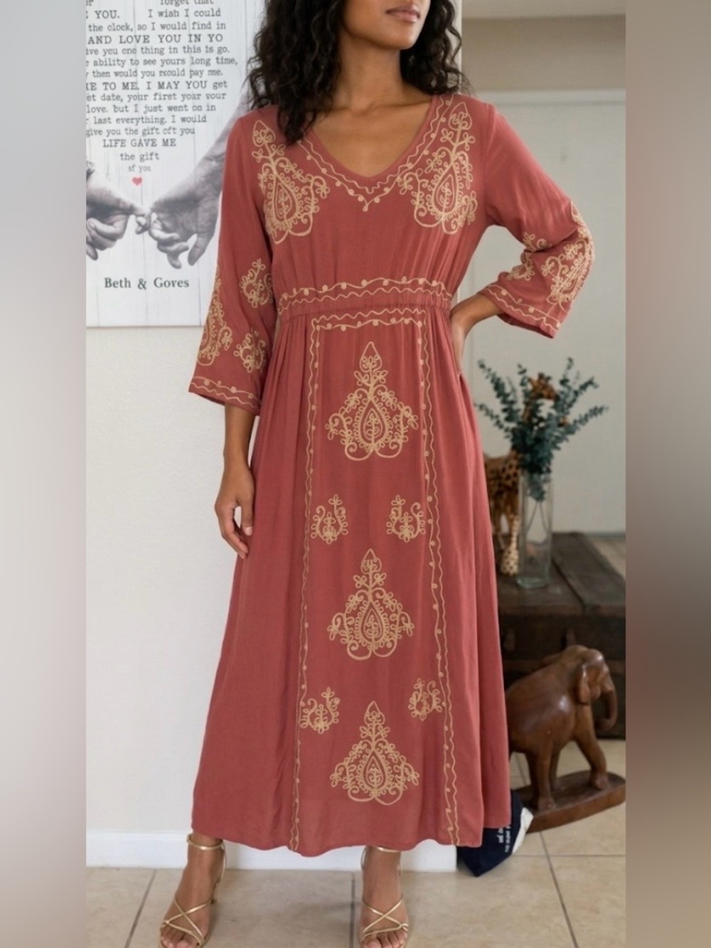 Indigo Thread Co Mocha Maxi Dress With Intricate Embroidery Size XS